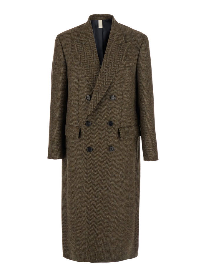 Green Double-Breasted Coat With Peak Revers And Herringbone Motif Wool Man