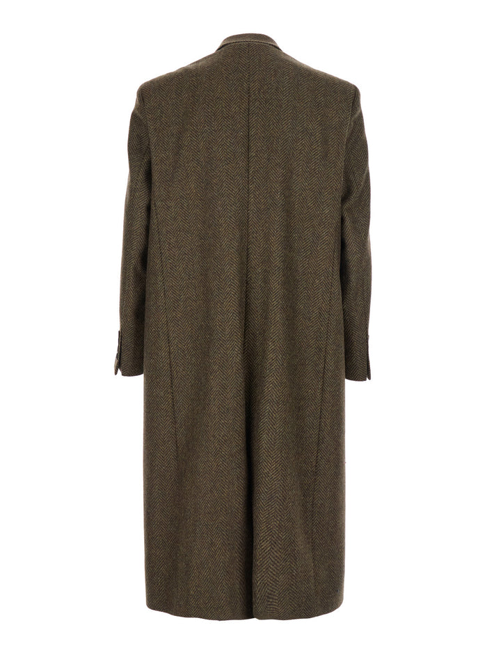 Green Double-Breasted Coat With Peak Revers And Herringbone Motif Wool Man