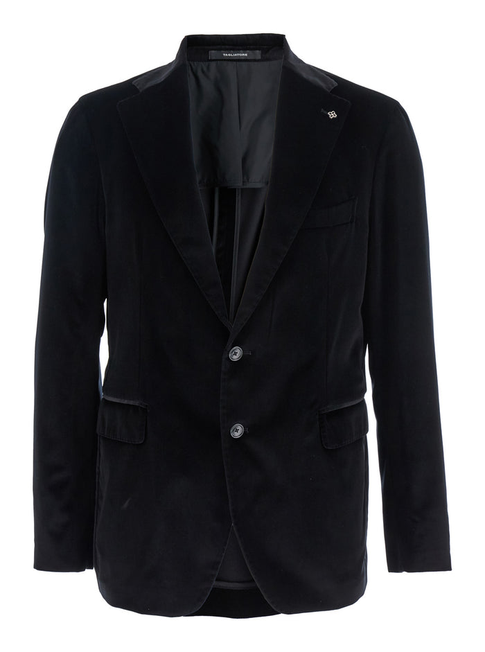 Black Single-Breasted Jacket with Notched Revers in Velvet Man Cotone Elastan Stretch Blazers