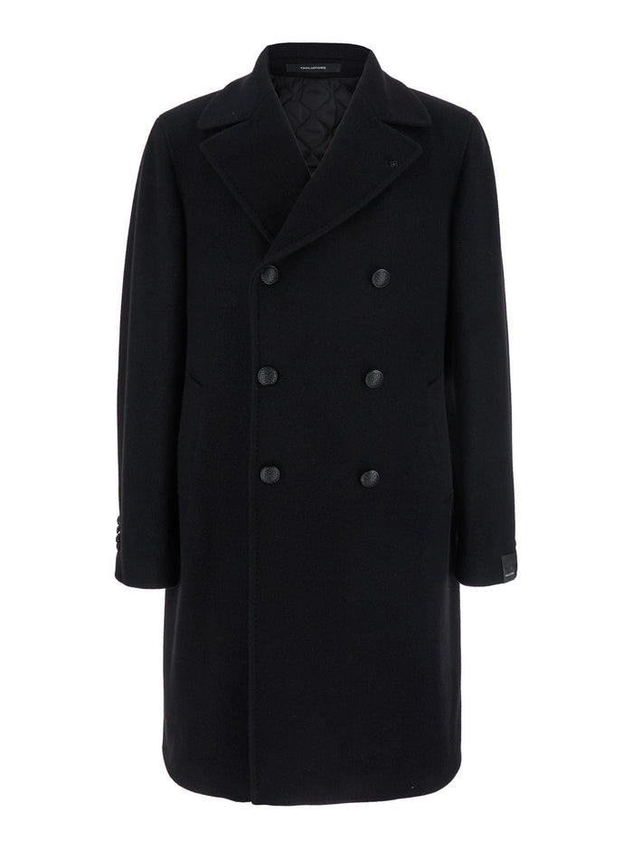 Arden Black Double-Breasted Coat With Notched Revers Wool And Cashmere Man Polyamide