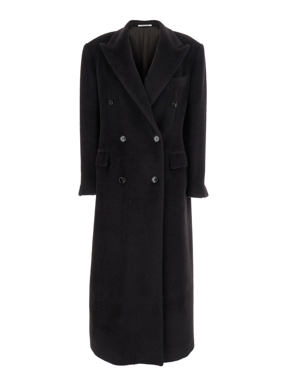 Brown Double-Breasted Coat with Golden Buttons in Faux Fur Woman Alpaca Virgin Wool Outerwear