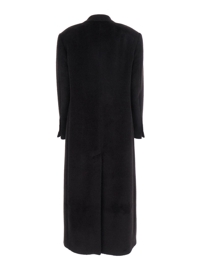 Brown Double-Breasted Coat with Golden Buttons in Faux Fur Woman Alpaca Virgin Wool Outerwear