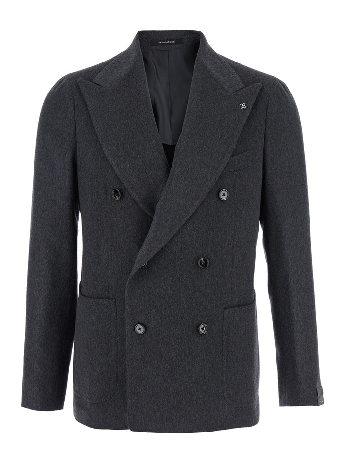 Grey Double-Breasted Jacket with Peak Revers in Wool and Cashmere Man Blazers