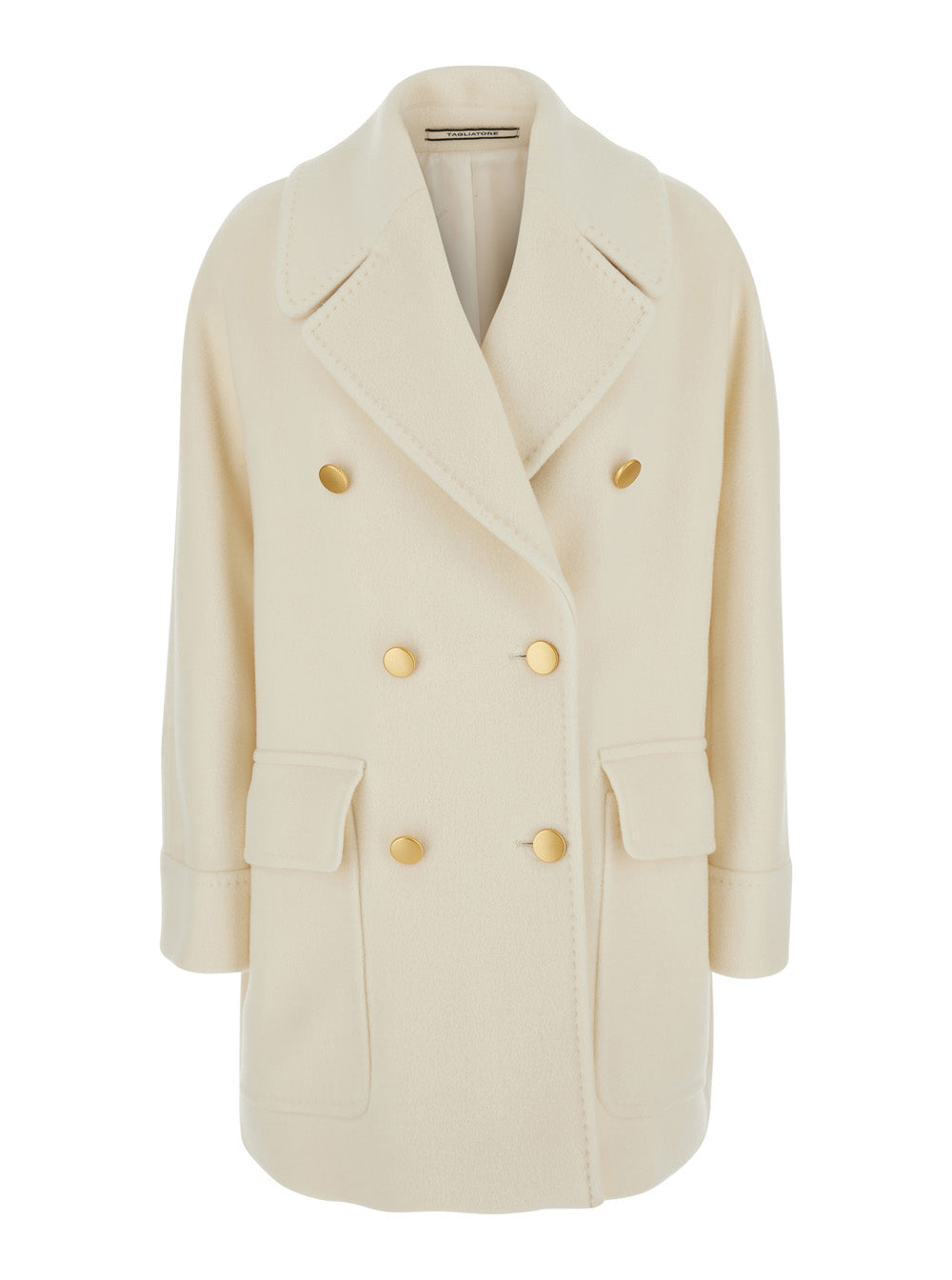 White Double-Breasted Short Coat With Wide Notched Revers Wool Woman Virgin