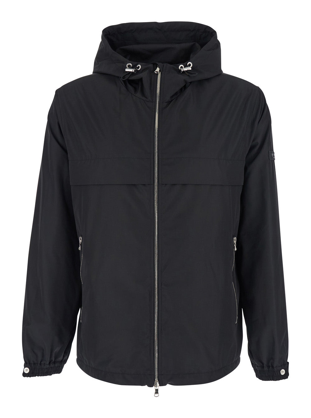 Black Jacket with Drawstring Hood and Logo Patch on the Sleeve in Tech Fabric Man Nylon Outerwear