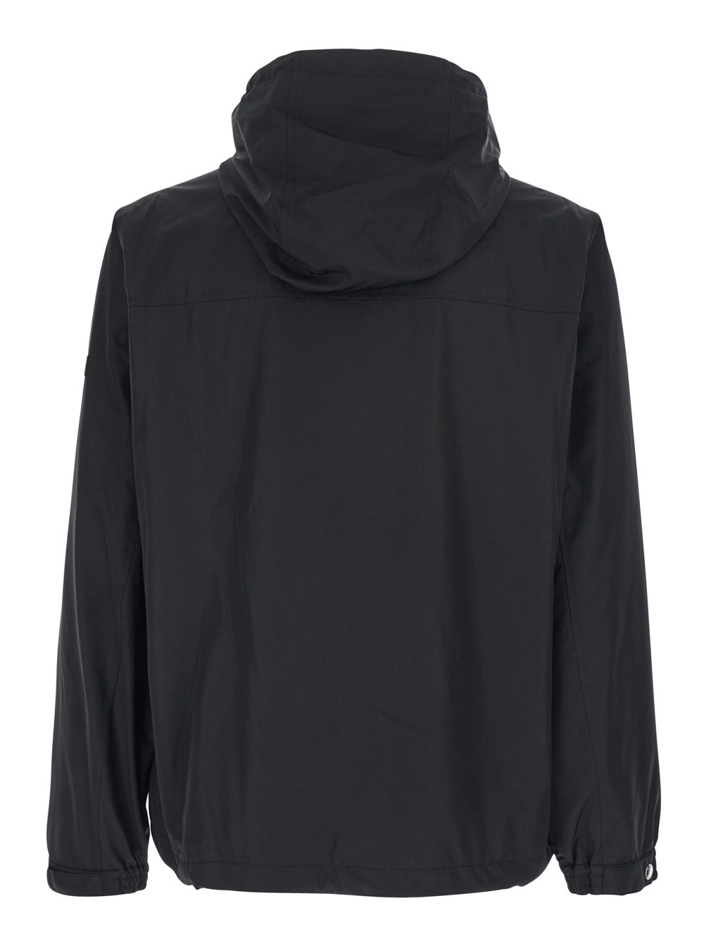 Black Jacket with Drawstring Hood and Logo Patch on the Sleeve in Tech Fabric Man Nylon Outerwear