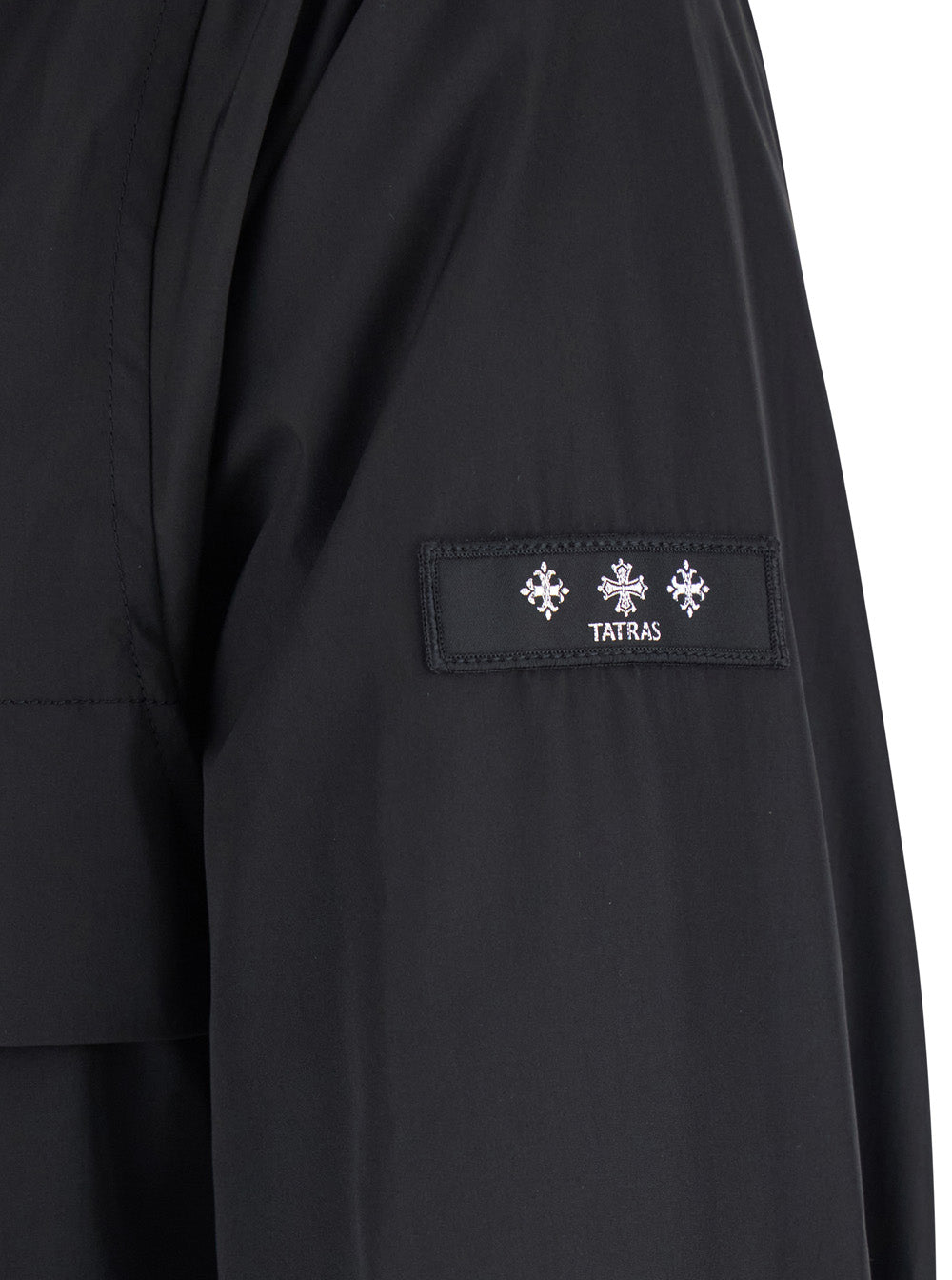 Black Jacket with Drawstring Hood and Logo Patch on the Sleeve in Tech Fabric Man Nylon Outerwear