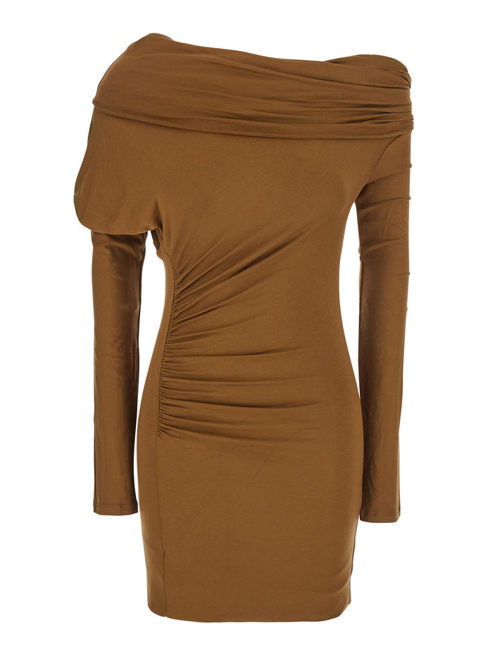 Zoe Beige Dress with Asymmetrical Design and Draped Detail in Fabric Woman Brown