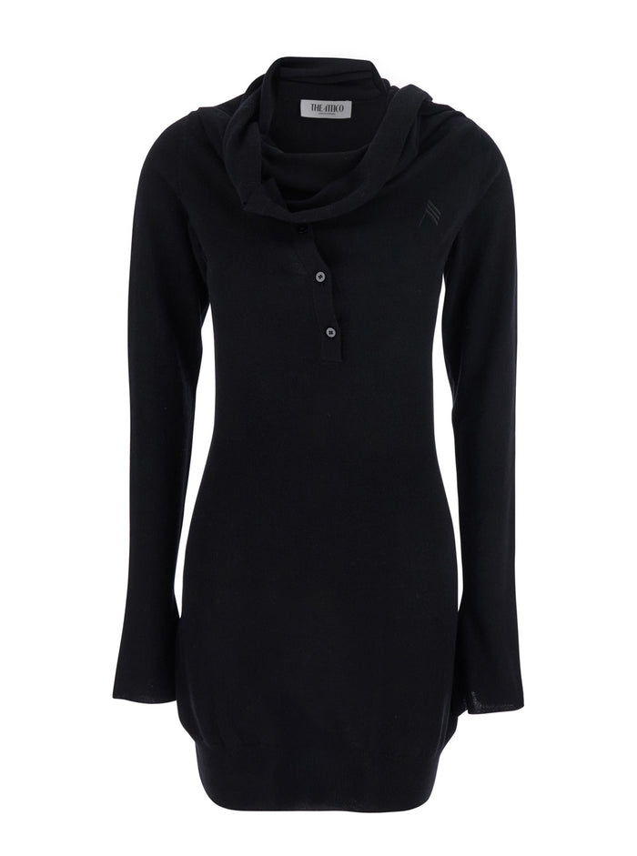 Black Mini Dress with Cowl Neck and Flared Sleeves in Wool Cashmere Woman