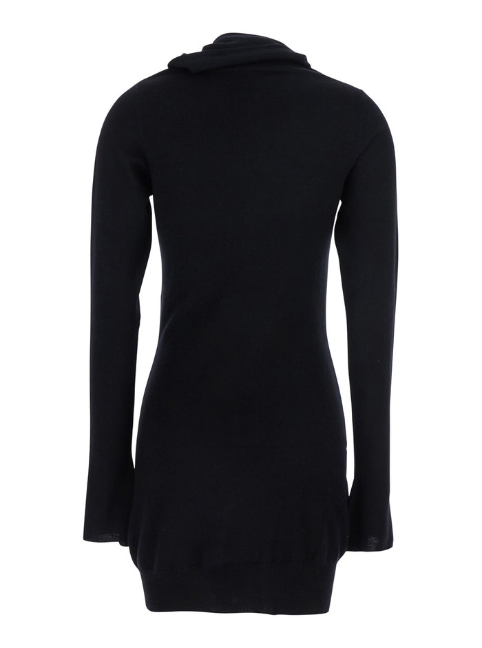 Black Mini Dress with Cowl Neck and Flared Sleeves in Wool Cashmere Woman