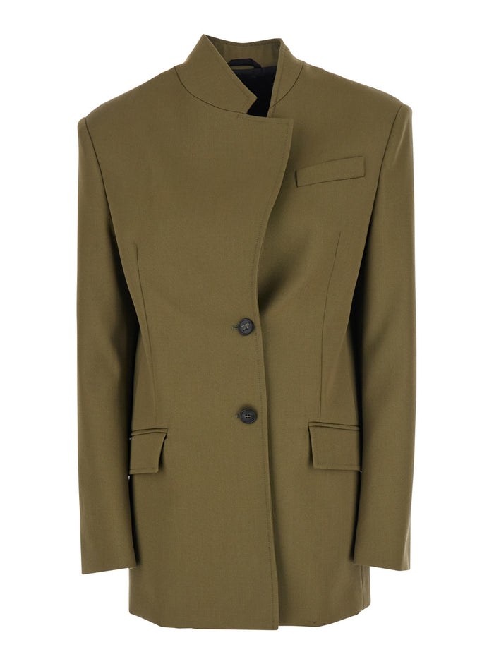 Green Jacket with Asymmetric Closure on the Front in Wool Woman Blazers