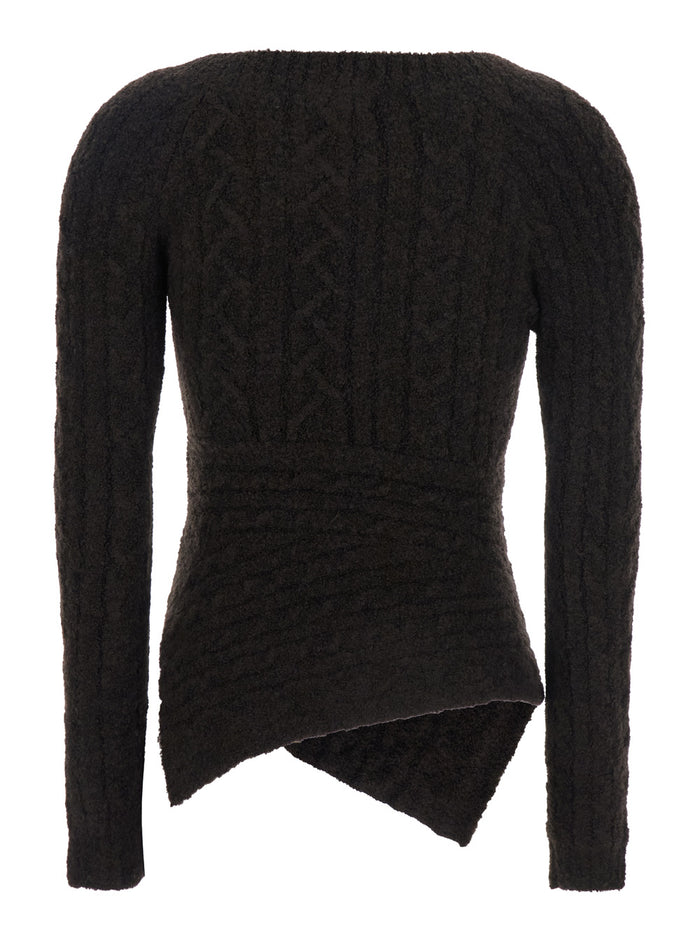 Brown Sweater with Asymmetrical Design and Logo Lettering in Wool Woman Jersey
