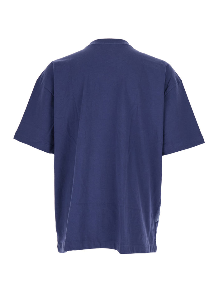 Blue Crewneck T-Shirt with Logo Patch on the Front in Cotton Man Blu Tshirts And Polo Shirts
