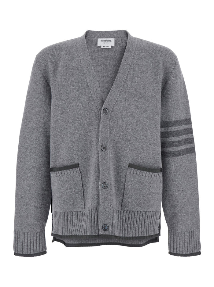 Grey Cardigan with V Neck and Striped Detail on the Sleeve in Wool Man Jersey