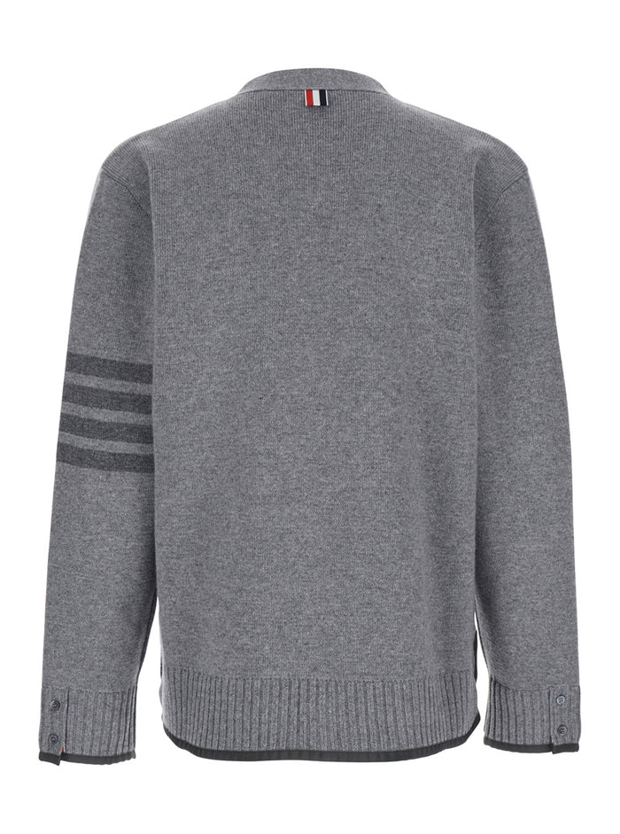 Grey Cardigan with V Neck and Striped Detail on the Sleeve in Wool Man Jersey