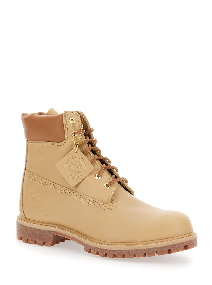 Beige Water-Proof Boots with Logo Plate in Leather Man Calf Ankle