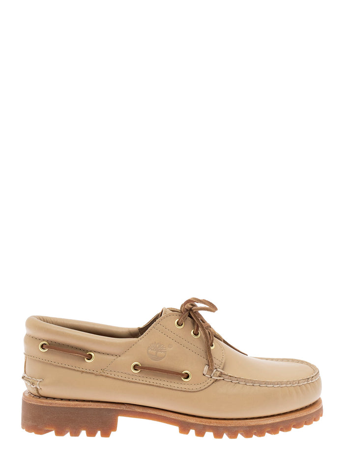 Beige Loafers With Round Toe And Contrasting Stitching Leather Man