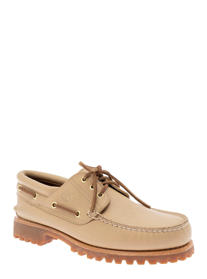 Beige Loafers With Round Toe And Contrasting Stitching Leather Man