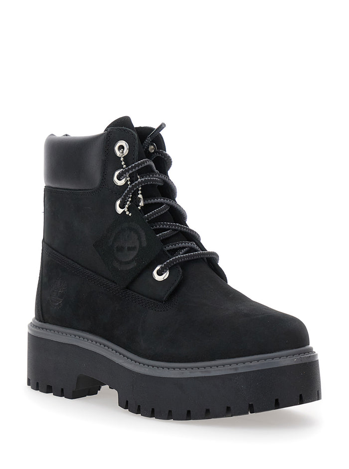 Black Water-Proof Boots with Logo Plate in Leather Woman Ankle