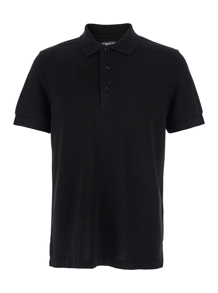 Black Polo Shirt with Classic Collar in Cotton Blend Man Lyocell Tshirts And