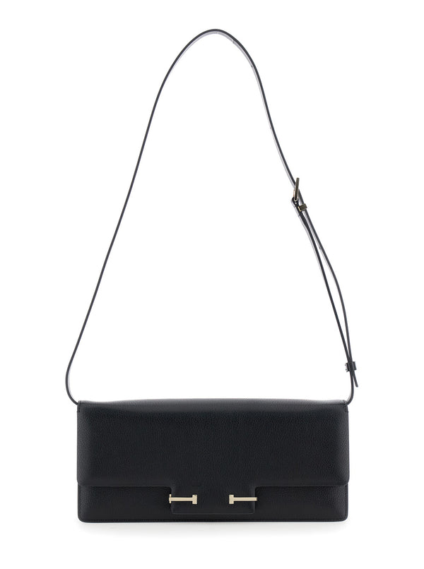 Black Crossbody Bag With T Plaque Closure Goat Leather Shoulder
