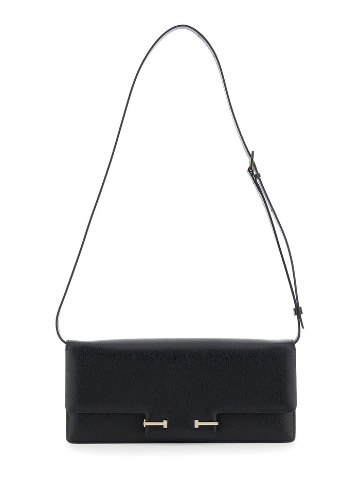 Black Crossbody Bag with Adjustable Shoulder Strap and T Plaque Closure in Grained Leather Woman Goat