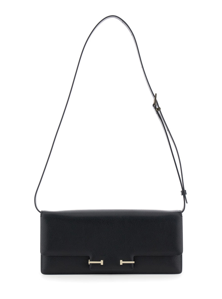 Black Crossbody Bag With T Plaque Closure Goat Leather Shoulder