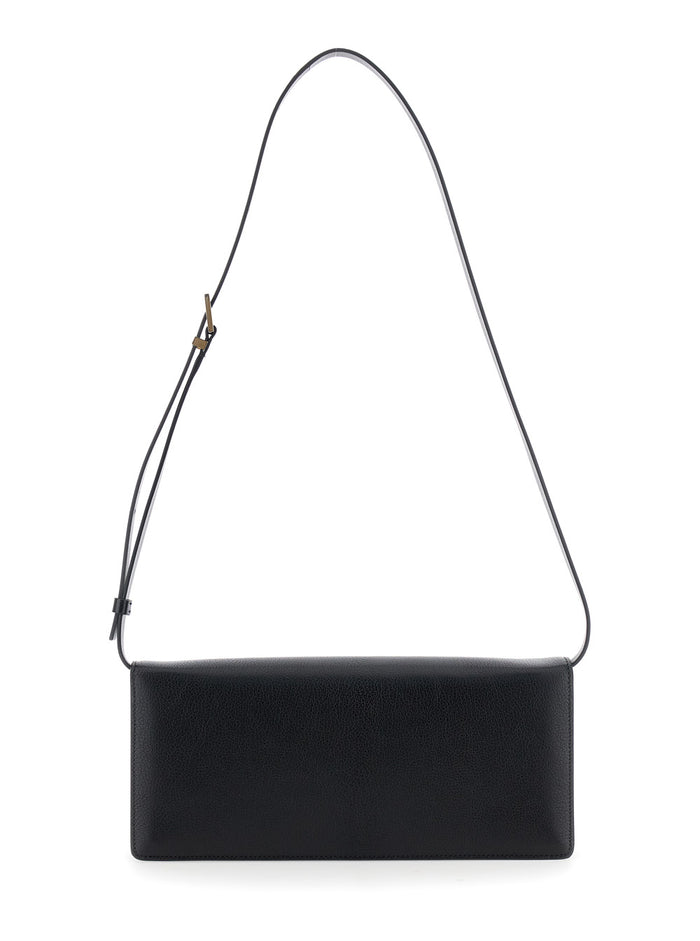Black Crossbody Bag with Adjustable Shoulder Strap and T Plaque Closure in Grained Leather Woman Goat