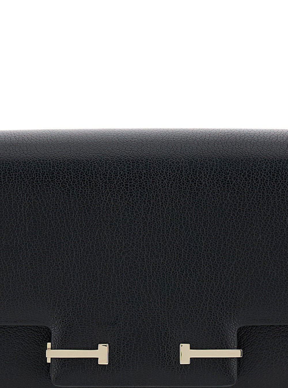 Black Crossbody Bag with Adjustable Shoulder Strap and T Plaque Closure in Grained Leather Woman Goat