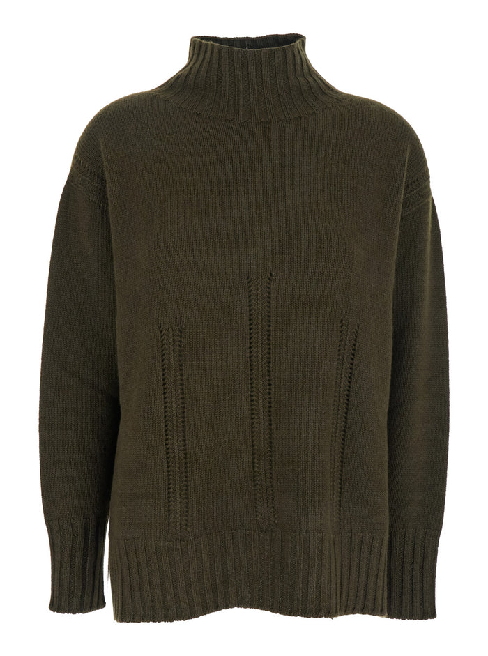 Brown Sweater with Mock Neck and Dropped Shoulders in Cashmere Cotton Blend Woman Jersey