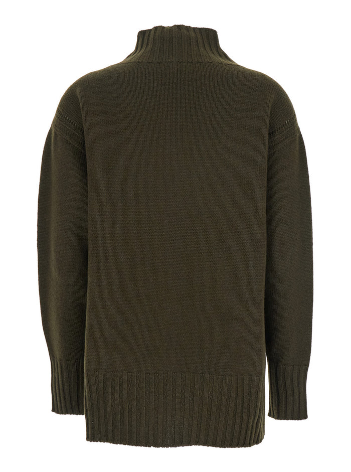 Brown Sweater with Mock Neck and Dropped Shoulders in Cashmere Cotton Blend Woman Jersey