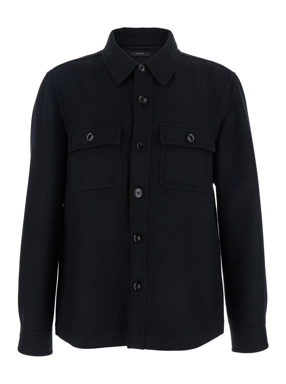 Black Jacket with Flap Pockets on the Chest in Wool Man Silk Outerwear