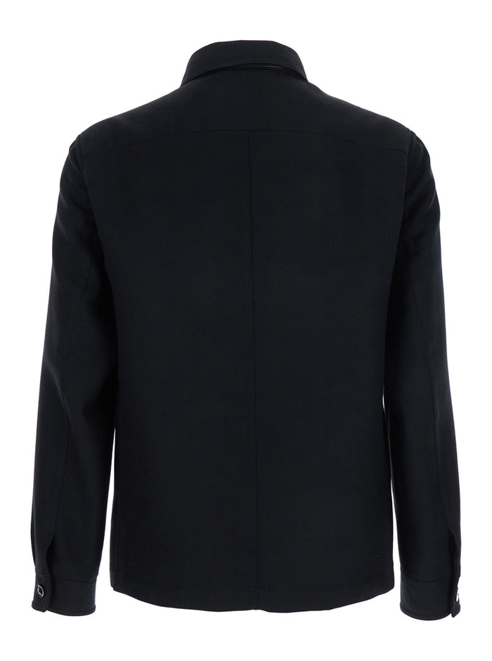 Black Jacket with Flap Pockets on the Chest in Wool Man Silk Outerwear