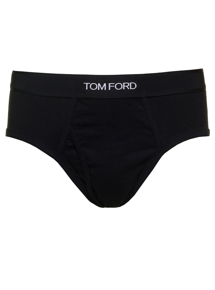 Black Briefs with Logged Waistband in Cotton Stretch Man Elastane Underwear