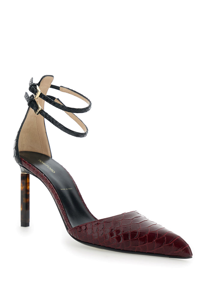 Bordeaux Pumps with High Stiletto Heel and Ankle Strap Closure in Leather Woman Heels