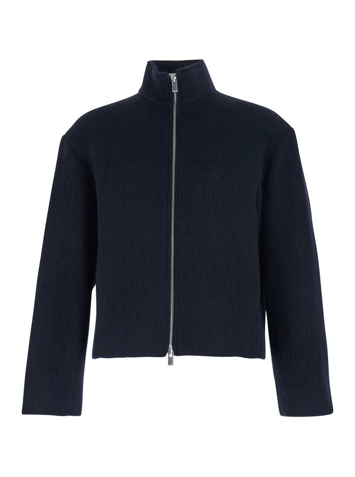 Blue Jacket With High Neck And Dropped Shoulders Wool Man Blu Nylon Alpaca