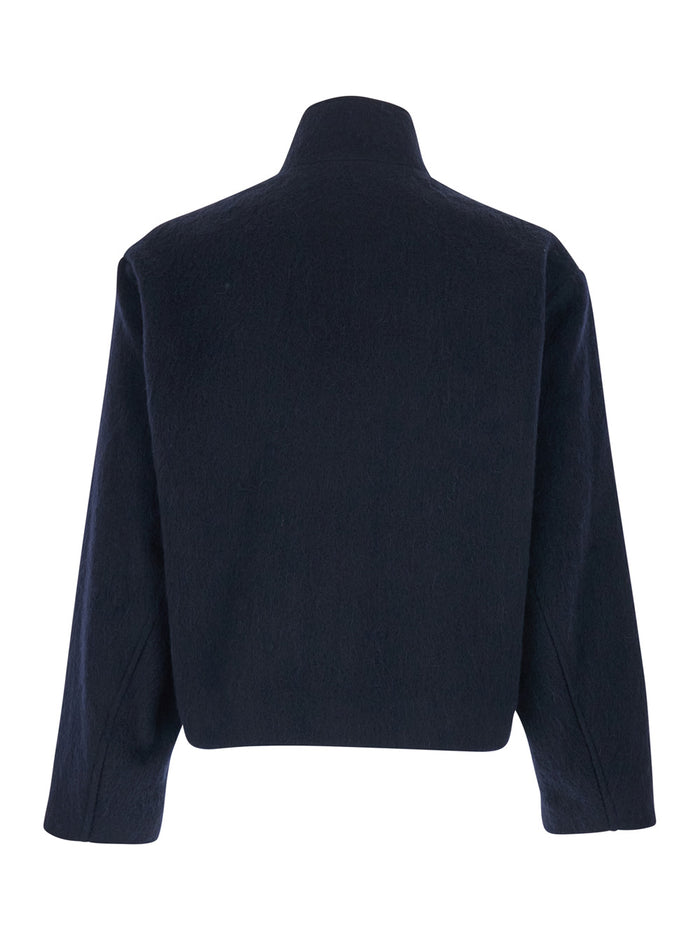 Blue Jacket With High Neck And Dropped Shoulders Wool Man Blu Nylon Alpaca