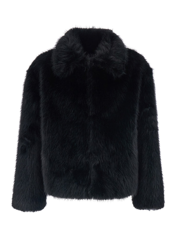 Black Jacket With Classic Collar Faux Fur Man Polyester