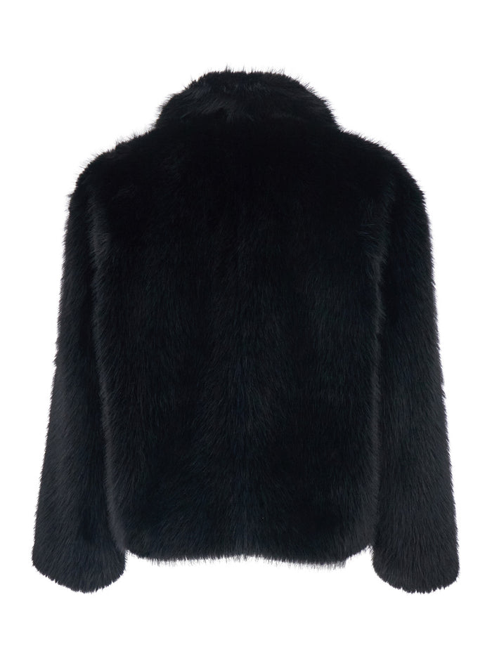 Black Jacket With Classic Collar Faux Fur Man Polyester