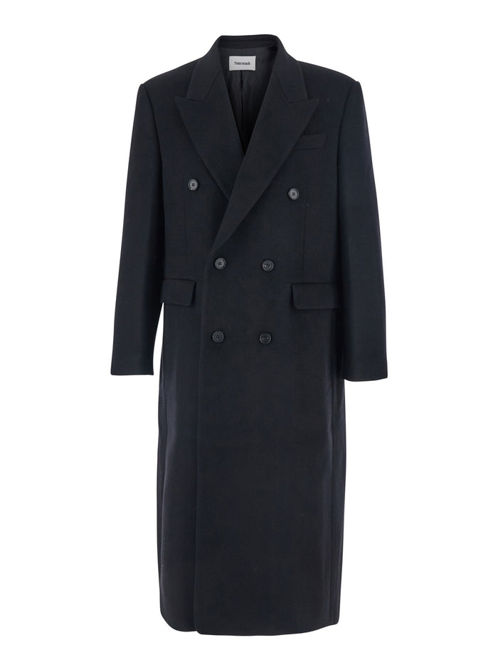 Black Double-Breasted Coat With Classic Lapels Wool Blend Man Cashmere Nylon