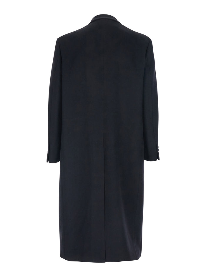 Black Double-Breasted Coat With Classic Lapels Wool Blend Man Cashmere Nylon
