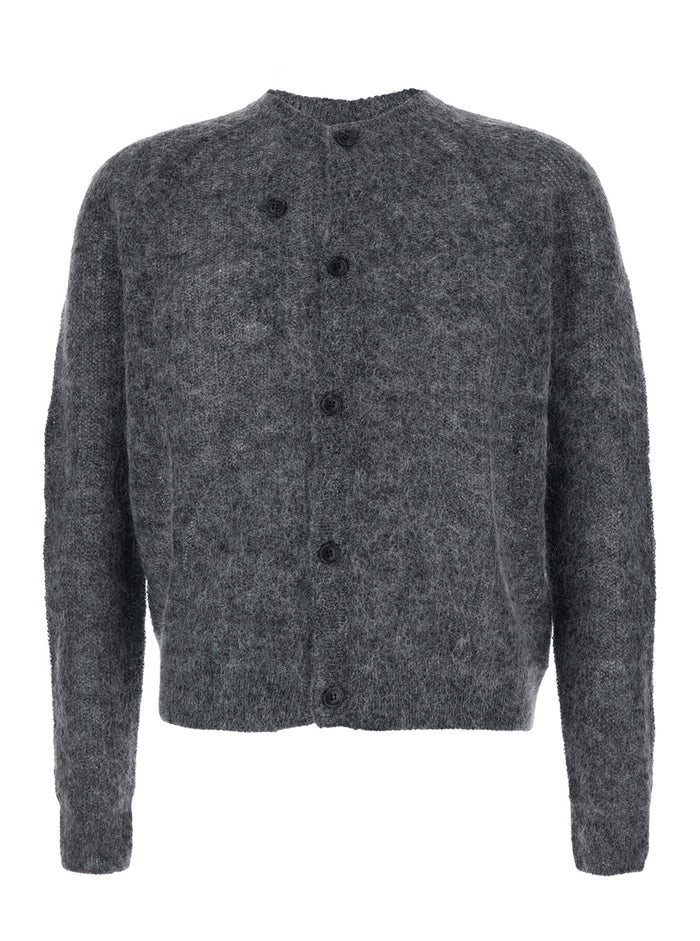 Grey Crew Neck Cardigan With Brushed Effect Mohair And Wool Blend Man Nylon Jersey