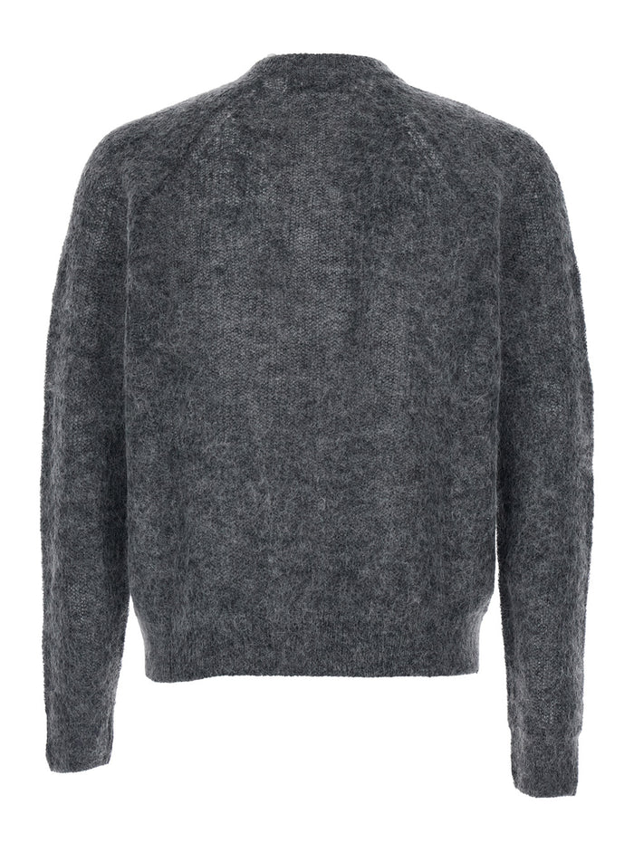 Grey Crew Neck Cardigan With Brushed Effect Mohair And Wool Blend Man Nylon Jersey