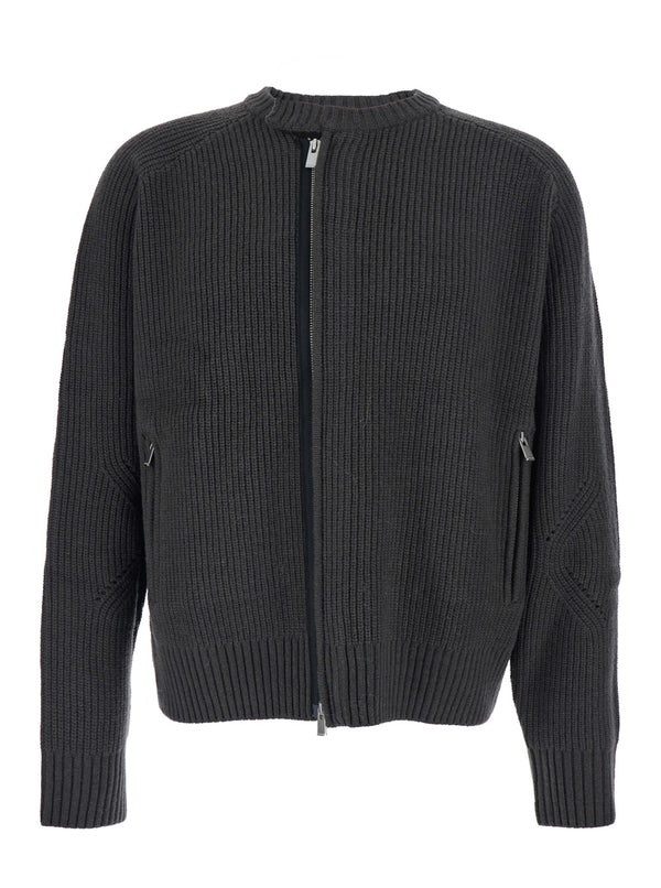 Grey Crew Neck Cardigan With Ribbed Design Merino Wool Tops