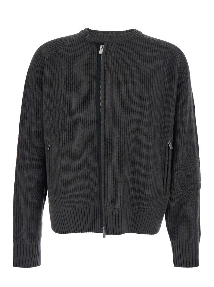 Grey Crew Neck Cardigan with Ribbed Design in Wool Man Merino Jersey