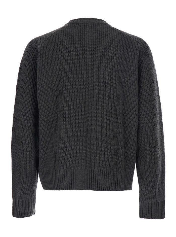 Grey Crew Neck Cardigan with Ribbed Design in Wool Man Merino Jersey