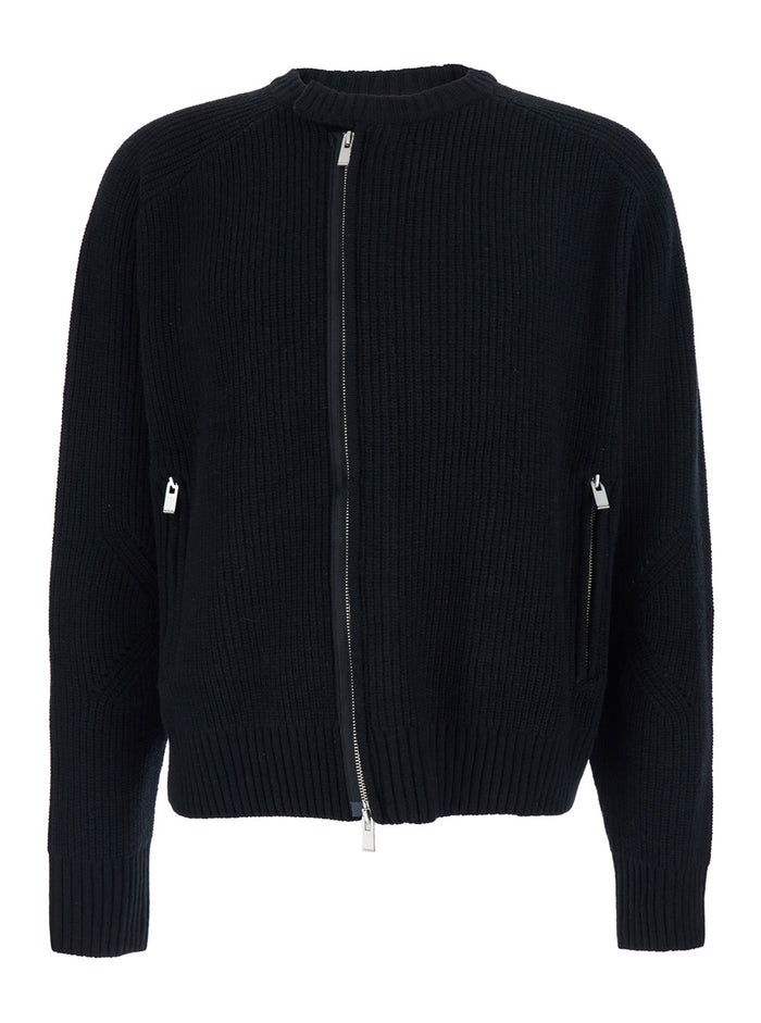 Black Crew Neck Cardigan With Ribbed Design Wool Man Merino Jersey