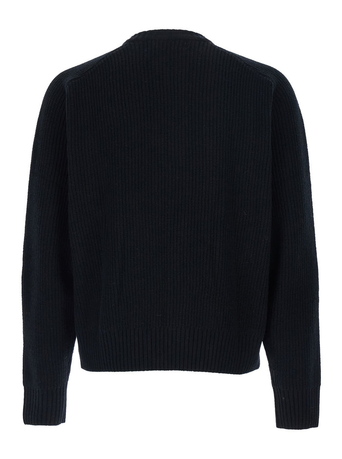 Black Crew Neck Cardigan With Ribbed Design Wool Man Merino Jersey