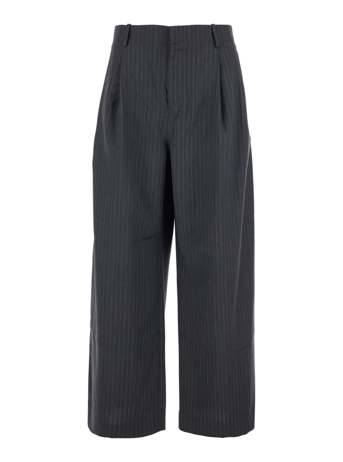Grey Pants with Front Pences and Pinstripe Motif in Wool Blend Man Polyester Trousers