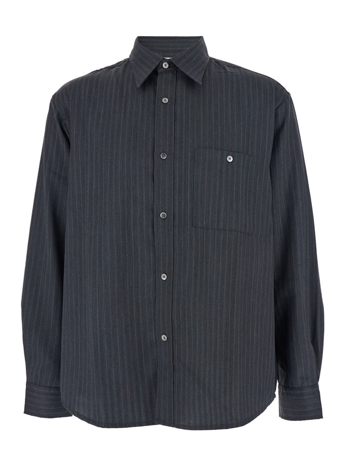 Grey Pinstriped Shirt with Pointed Collar in Wool Blend Man Polyester And Blouses